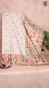 Off-White and Green Red Floral Peacock Jamdani Tussar Silk Saree
